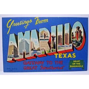 Greetings From Amarillo Texas Big Large Letter Linen Postcard Beals Unused